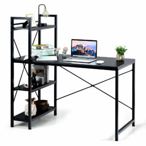 Wooden Computer Desk Writing Table with 4-Tier Reversible Bookshelf-Black