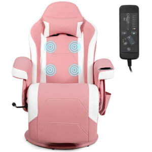 Electric Massage Gaming Chair with Cup Holder and Side Pouch-Pink