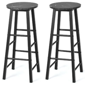Set of 2 Faux Marble Bar Stools with Footrest and Anti-slip Foot Pad-Black