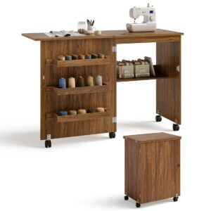 Folding Sewing Table with Storage Shelves and Lockable Casters-Brown