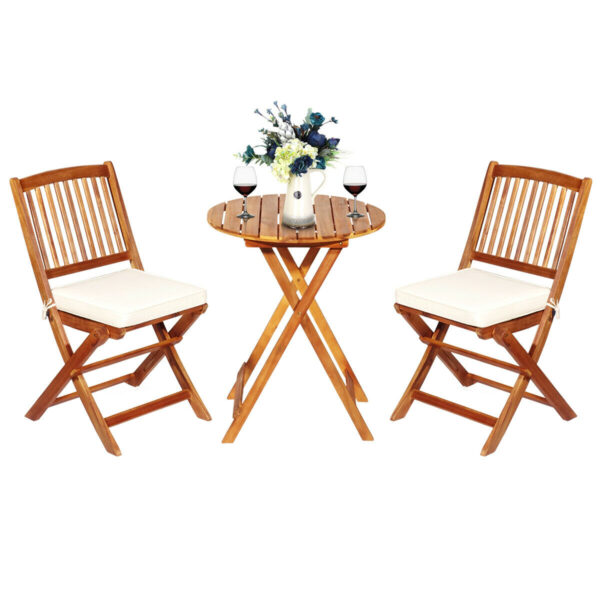 3 Piece Folding Bistro Set with Cushions for Patio-Beige