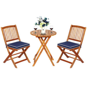 3 Piece Folding Bistro Set with Cushions for Patio-Blue