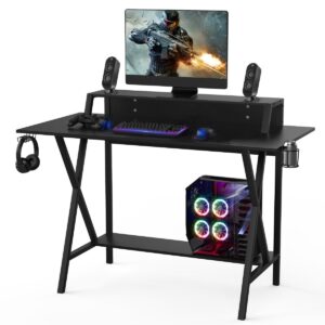 X- Shaped Ergonomic Gaming Computer Desk with Cup Holder and Monitor Riser