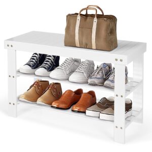 3-Tier Bamboo Shoe Bench for Entryway-White