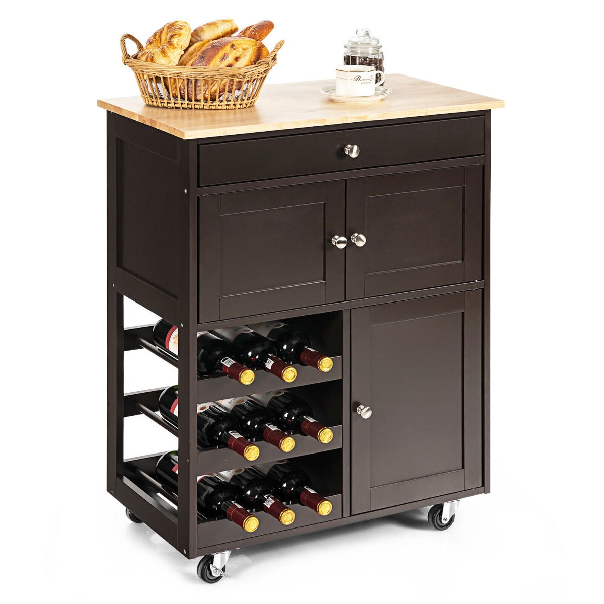 Rolling Kitchen Cart with 3 Tier Wine Racks and Cupboards-Brown