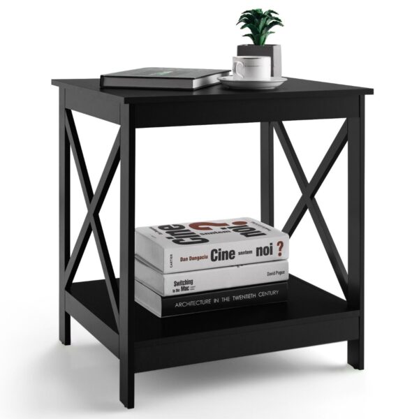 2-Tier Modern Wooden X-Shaped Bedside Table for Living Room Bedroom Office-Black