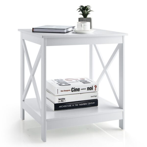 2-Tier Modern Wooden X-Shaped Bedside Table for Living Room Bedroom Office-White