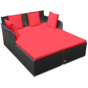 Rattan Garden 2 Seater Daybed Furniture Set  with Cushions-Red