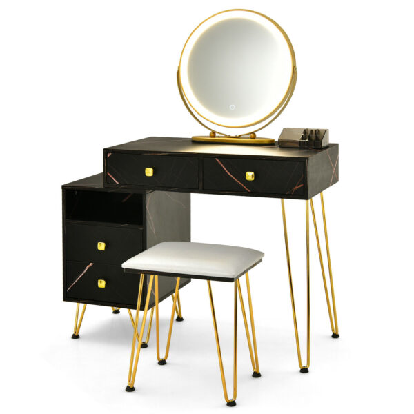 3 Modes Vanity Dressing Table with 3 Color Detachable LED Mirror-Black