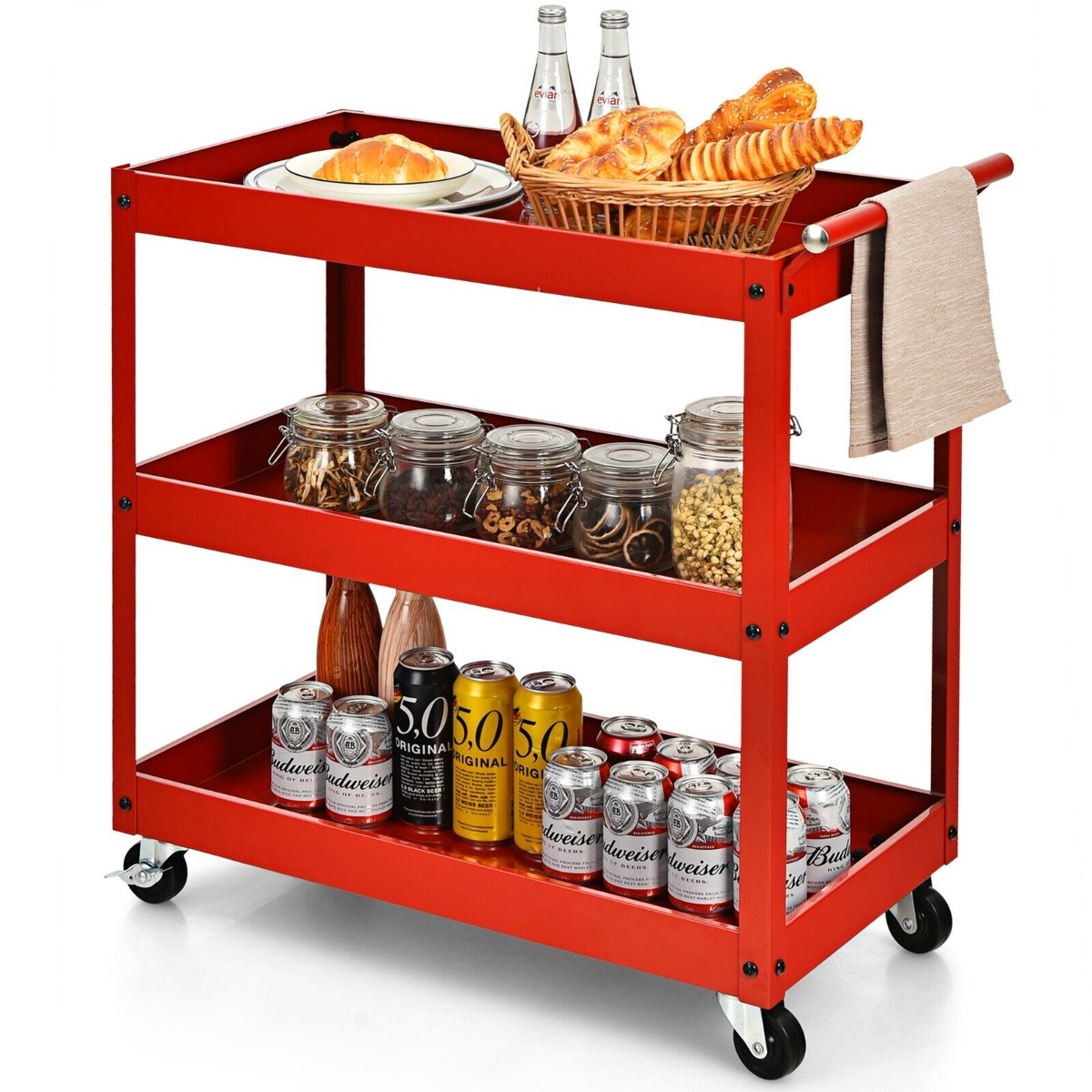 3-Tier Tool Trolley with Lockable Wheels for Garage Restaurant-Red