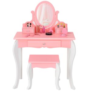 Kids Vanity Table Stool Set with 360° Rotating Mirror and 3 Drawers-Pink