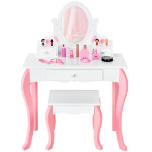 Kids Vanity Table Stool Set with 360° Rotating Mirror and 3 Drawers-White