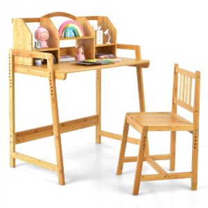 Bamboo Kids Desk and Chair Set with Bookshelves for Studying