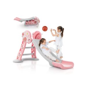 3-in-1 Indoor Slide with Basketball Hoop & Small Basketball for Kids-Pink