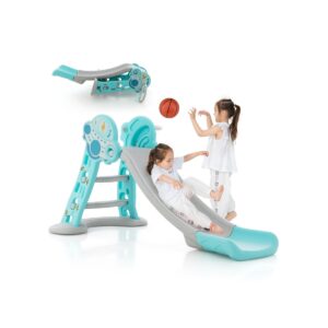 3-in-1 Indoor Slide with Basketball Hoop & Small Basketball for Kids-Blue