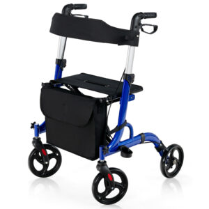 2 in 1 Walker Aluminium Mobility Walking Aid with Seat Adjustable-Blue