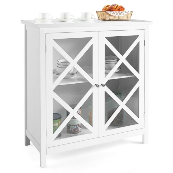 Modern Wooden Storage Cabinet with Adjustable Shelves and 2 Glass Doors-White