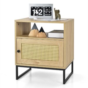 Modern Wooden Bedside Cabinet Nightstand with Rattan Door and Storage Shelf-Natural