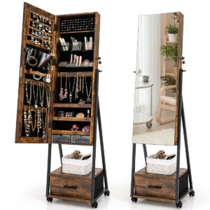 Mobile Standing Lockable Jewelry Cabinet with Full Length Mirror-Coffee