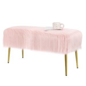Rectangular Upholstered Furry Faux Fur Footrest with Golden Metal Legs-Pink