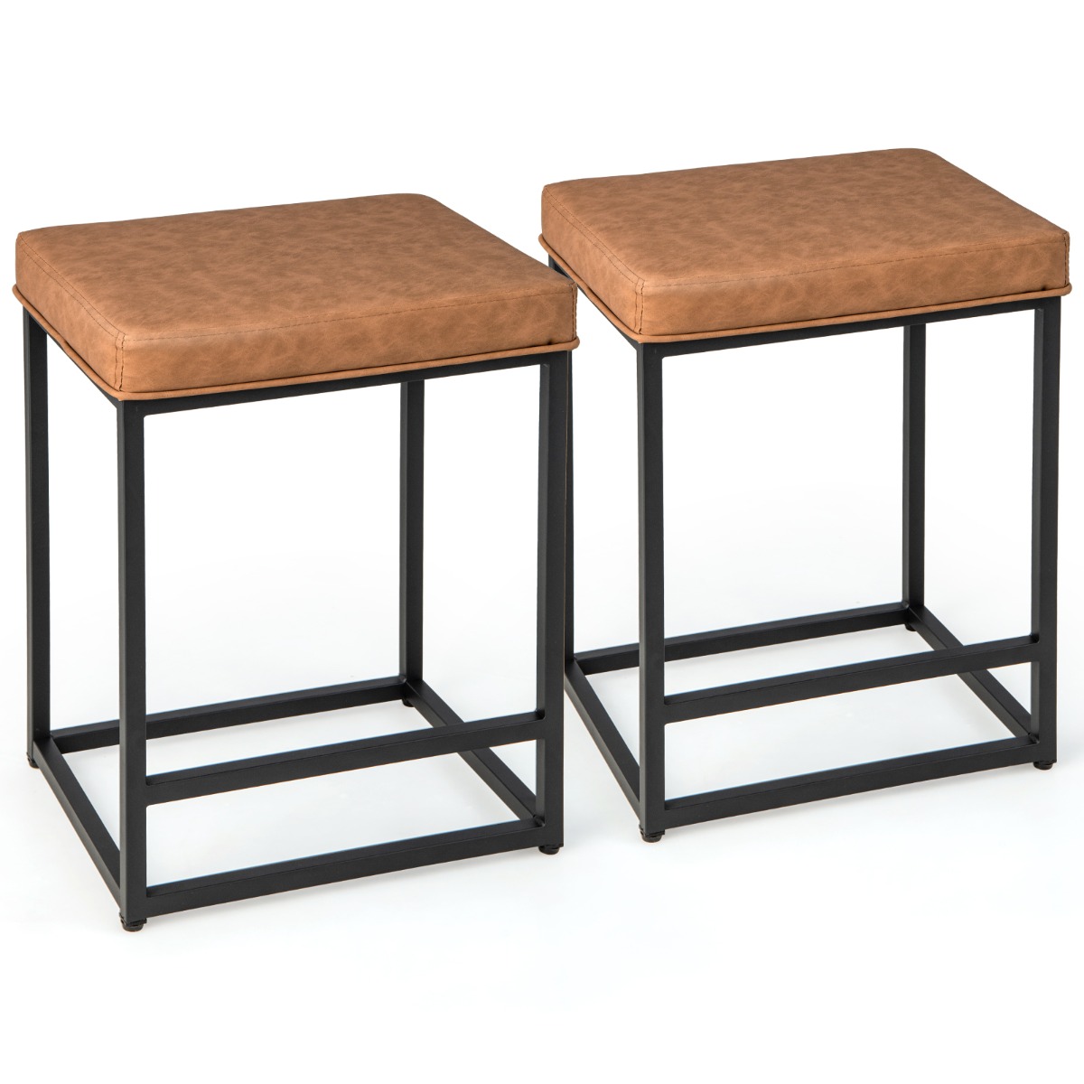 Bar Stools Set of 2 with PVC Leather Cushion-Brown