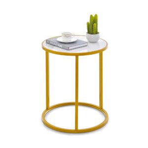 Marble Top Round Side Table with Golden Metal Frame-1 Piece-Golden