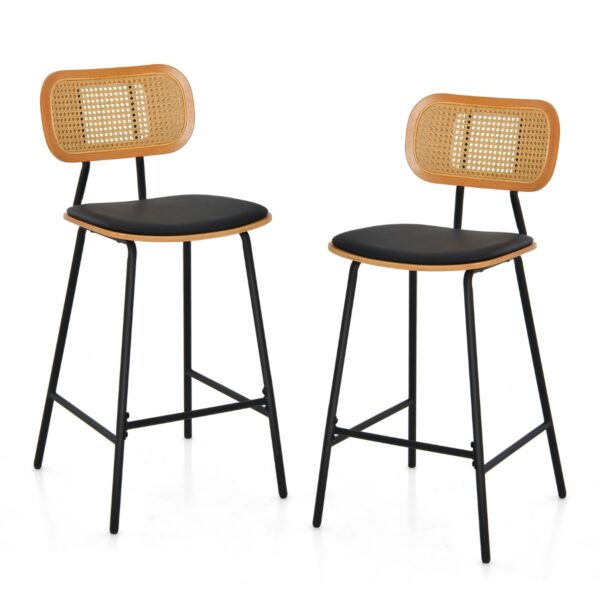 Faux Leather Bar-Height Stools with Rattan Backrest for Bar Counter-Black