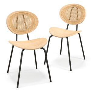 Rattan Dining Chair Set of 2 with Metal Legs and Plywood Seat-Natural