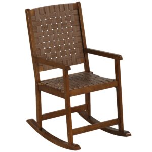 Wood Rocking Chair with PU Seat and Rubber Wood Frame for Porch Backyard Balcony-Brown