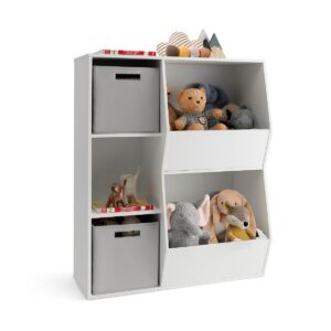 Kids Bookcase Bookshelf with 5 Cubbies and 2 Removable Fabric Drawers-White