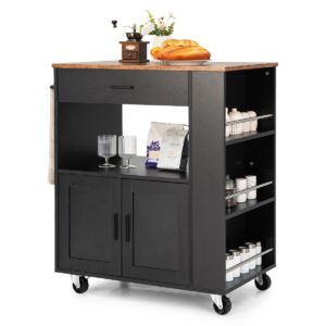 Rolling Kitchen Storage Trolley with Towel Bar Drawer and 2-Door Cabinet-Black