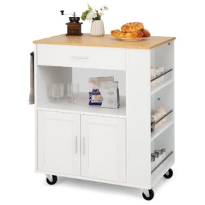 Rolling Kitchen Storage Trolley with Towel Bar Drawer and 2-Door Cabinet-White