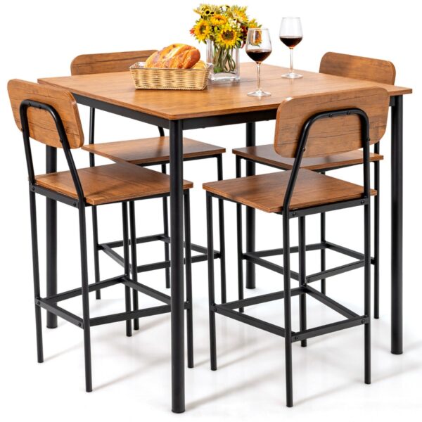 5 Pieces Industrial Dining Set Bar Counter Height Table and 4 Stools-Walnut