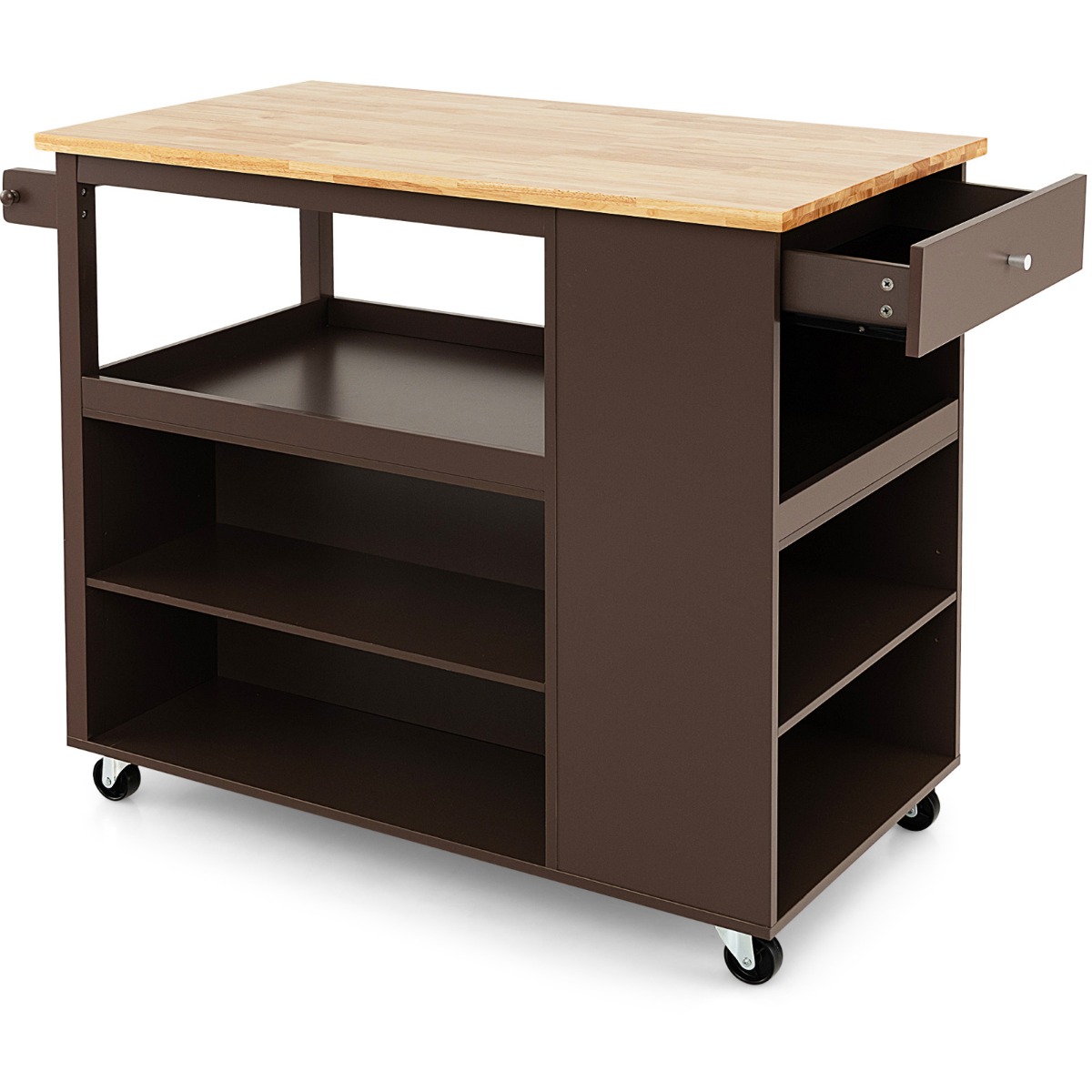 Mobile Serving Trolley Cart with Rubber Wood Top and Drawer-Brown