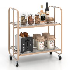 2-Tier Foldable Storage Cart with Tempered Glass Shelf-Golden