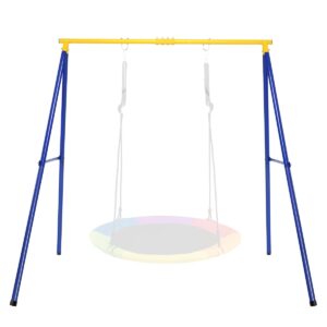 Saucer Swing Set with Metal Frame and Ground Nails for Garden Park-Blue &amp; Yellow