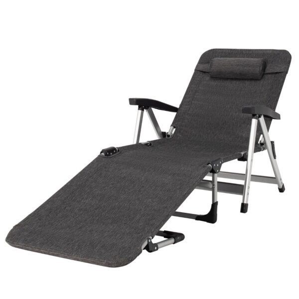 Folding Outdoor Chaise Lounger with Detachable Pillow and Cup Holder-Grey