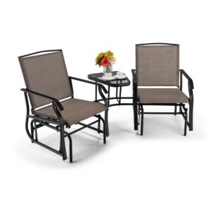 Outdoor Double Swing Glider Chair Set with Table and Umbrella Hole-Brown