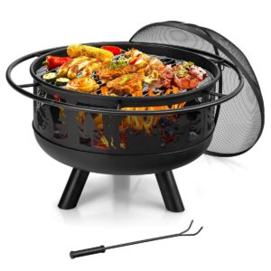 77CM Large Fire Pit Bowl with Cooking Grill and Spark Screen Cover
