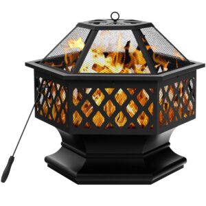 Hexagon Charcoal Metal Fire Pit with Fire Poker for Patio-Black