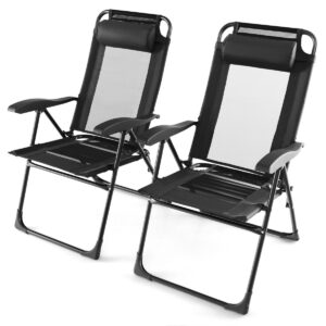 Patio Folding Chairs Set of 2 with Wide Armrests and 7-Level Backrest for Camping Backyard Garden-Black