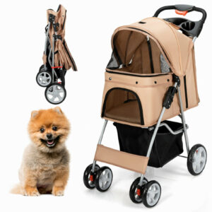 4-Wheel Folding Pet Stroller with Storage Basket and Adjustable Canopy-Beige