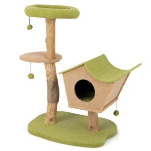 Cute Cat Activity Center with Padded Top Perch and Dangling Bell Balls for Indoor Cats-Green