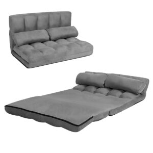 2 in 1 Folding Lazy Sofa Bed with 6 Adjustable Seat Positions and 2 Pillows-Grey
