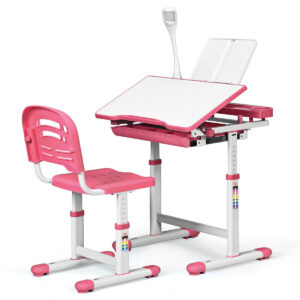 Height Adjustable Kids Study Desk Table Chair Set with Lamp-Pink