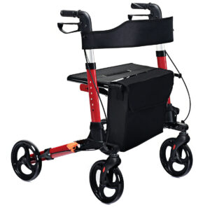 Lightweight Aluminium Folding Walking Mobility Aid With 4 Wheels-Red