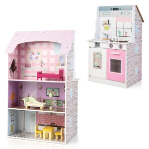 2-In-1 Kitchen Playset and Dollhouse with 9 Accessories
