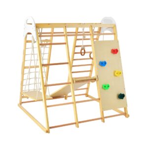 8-in-1 Jungle Gym Playset Wooden Climber Play Set with Monkey Bars-Natural