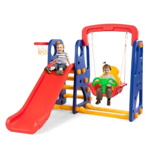 3 in 1 Toddler Slide and Swing Set with Basketball Hoop