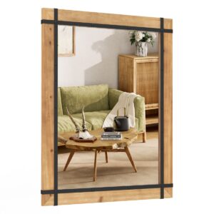 Decorative Wall Mirror with Fir Wood Frame and Farmhouse Finish-Natural